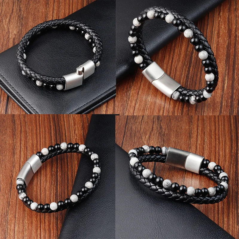 Charm Rope Stainless Steel Magnetic Natural Stone Leather Man Bracelet Beaded Braclet Volcanic Stone bracelet bangles Chain Gift