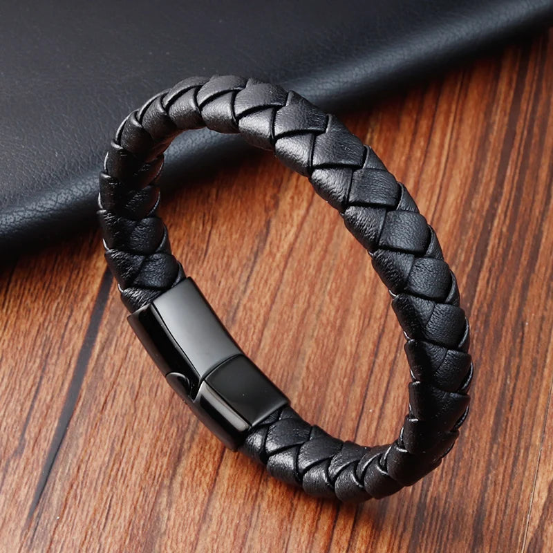Trendy Men Jewelry Red Braided Leather Rope Bracelet Black Magnetic Buckle Bracelets Punk Men Wrist Band Pulsera Hombre