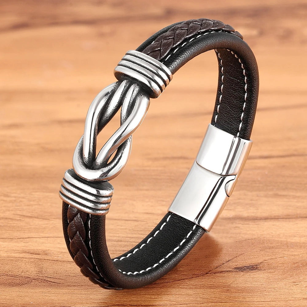 XQNI Classic Irregular Leather Bracelet for Men Stainless Steel Magnetic Clasp Charm Punk Style Male Bangle Jewelry Gifts