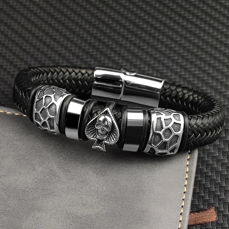 MingAo 12*6mm Braided Leather 316l Stainless Steel Charm Male Bracelets Spades Skull Head Bangle Punk Wristband Men's Jewelry