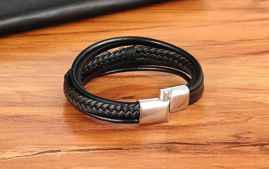 XQNI Multi-layer Leather Feather Shape Accessories Men's Bracelet Stainless Steel Leather Bracelet For Special Birthday Present