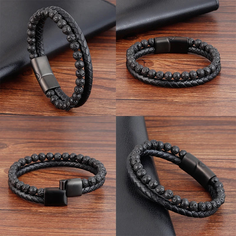 Charm Rope Stainless Steel Magnetic Natural Stone Leather Man Bracelet Beaded Braclet Volcanic Stone bracelet bangles Chain Gift