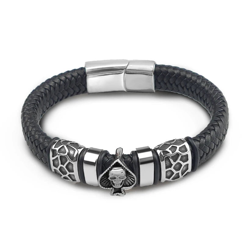 MingAo 12*6mm Braided Leather 316l Stainless Steel Charm Male Bracelets Spades Skull Head Bangle Punk Wristband Men's Jewelry