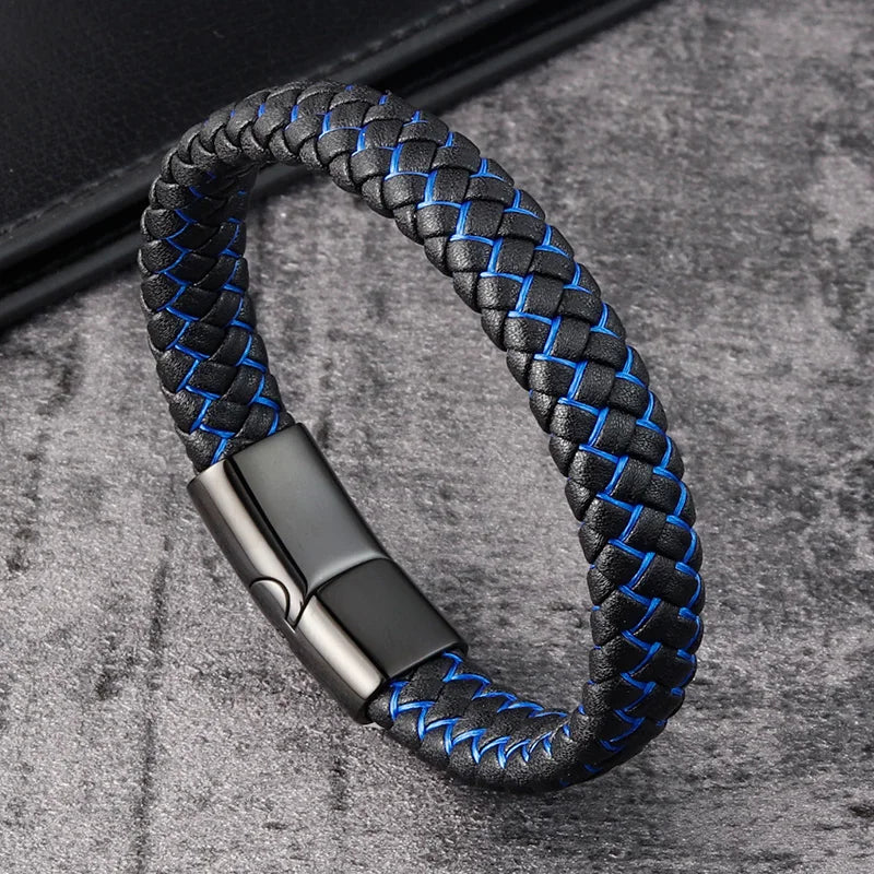 Trendy Men Jewelry Red Braided Leather Rope Bracelet Black Magnetic Buckle Bracelets Punk Men Wrist Band Pulsera Hombre
