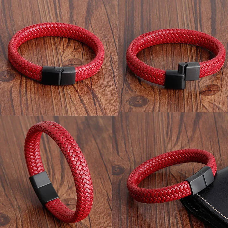 Trendy Men Jewelry Red Braided Leather Rope Bracelet Black Magnetic Buckle Bracelets Punk Men Wrist Band Pulsera Hombre