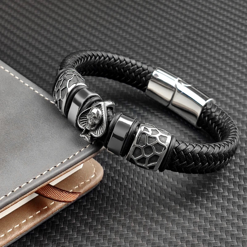 MingAo 12*6mm Braided Leather 316l Stainless Steel Charm Male Bracelets Spades Skull Head Bangle Punk Wristband Men's Jewelry