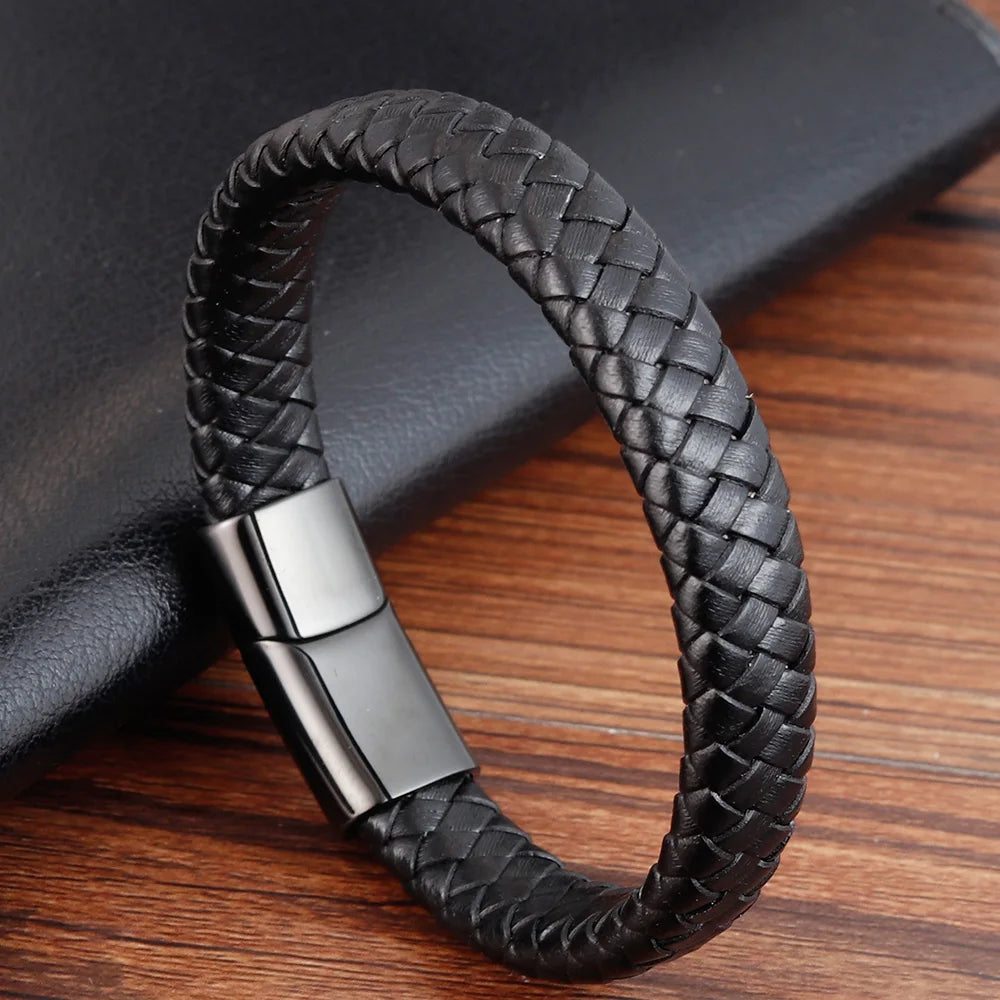 Trendy Men Jewelry Red Braided Leather Rope Bracelet Black Magnetic Buckle Bracelets Punk Men Wrist Band Pulsera Hombre