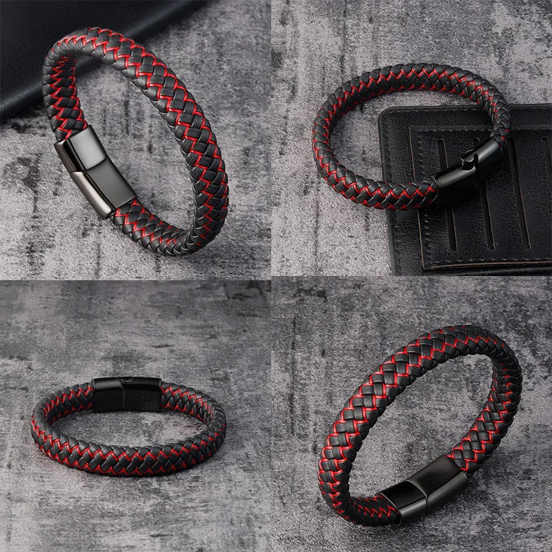 Trendy Men Jewelry Red Braided Leather Rope Bracelet Black Magnetic Buckle Bracelets Punk Men Wrist Band Pulsera Hombre