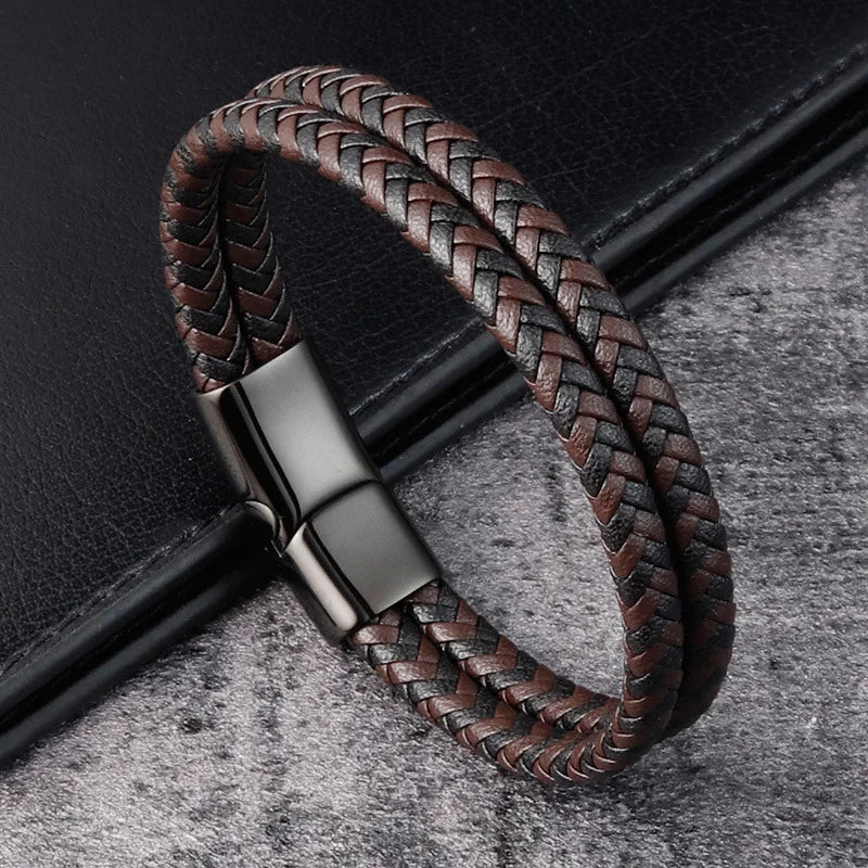 Trendy Men Jewelry Red Braided Leather Rope Bracelet Black Magnetic Buckle Bracelets Punk Men Wrist Band Pulsera Hombre