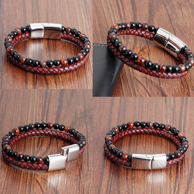 Charm Rope Stainless Steel Magnetic Natural Stone Leather Man Bracelet Beaded Braclet Volcanic Stone bracelet bangles Chain Gift