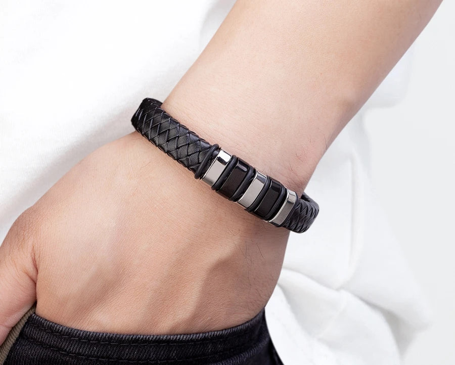 TYO Luxury Braided Rope Black Leather Stainless Steel Men's Bracelet High Quality Charm Magnetic Jewelry Accessories Wholesale