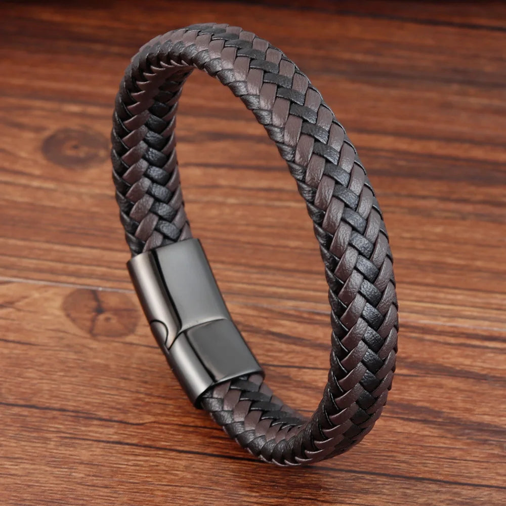 Trendy Men Jewelry Red Braided Leather Rope Bracelet Black Magnetic Buckle Bracelets Punk Men Wrist Band Pulsera Hombre