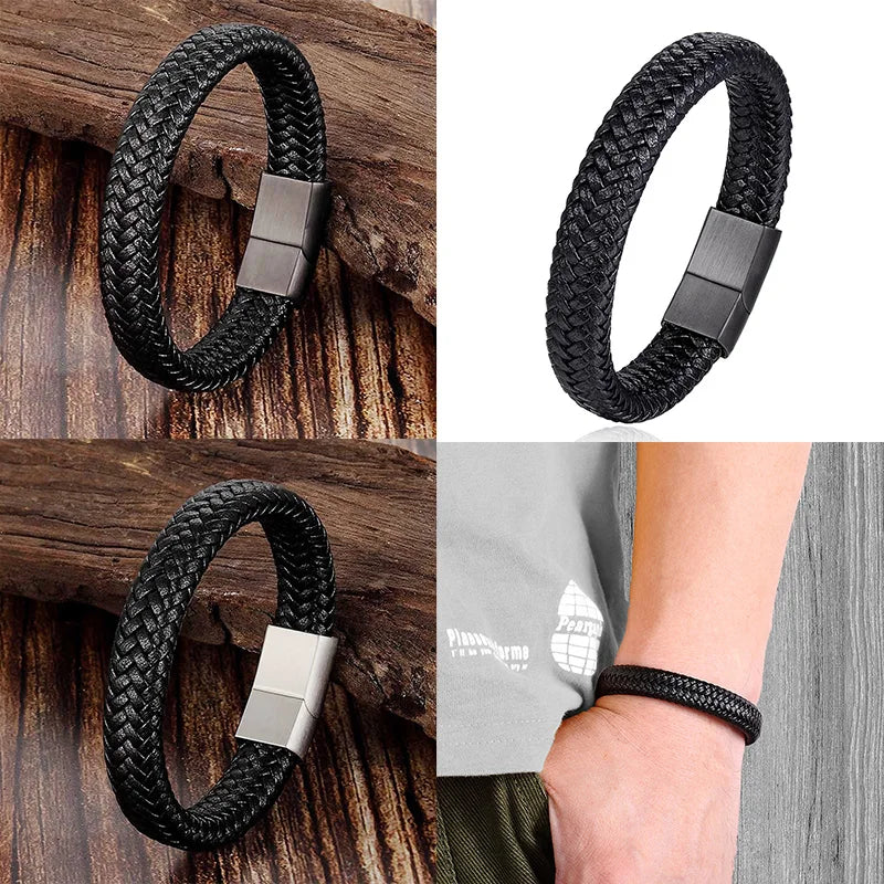 Trendy Men Jewelry Red Braided Leather Rope Bracelet Black Magnetic Buckle Bracelets Punk Men Wrist Band Pulsera Hombre