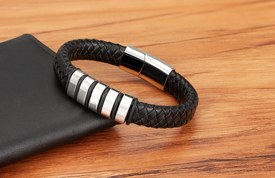 TYO Luxury Braided Rope Black Leather Stainless Steel Men's Bracelet High Quality Charm Magnetic Jewelry Accessories Wholesale