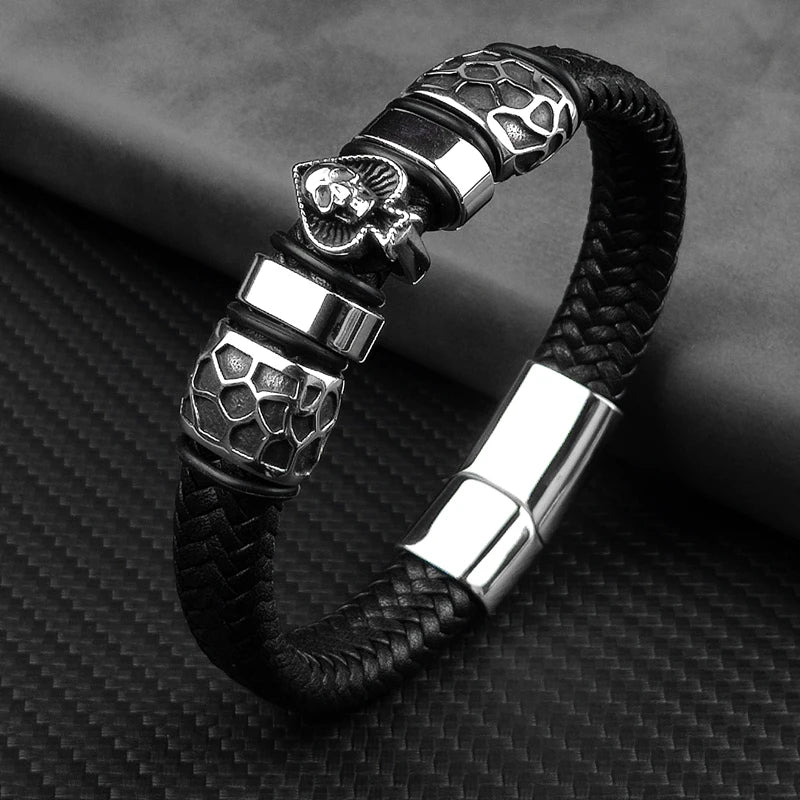 MingAo 12*6mm Braided Leather 316l Stainless Steel Charm Male Bracelets Spades Skull Head Bangle Punk Wristband Men's Jewelry