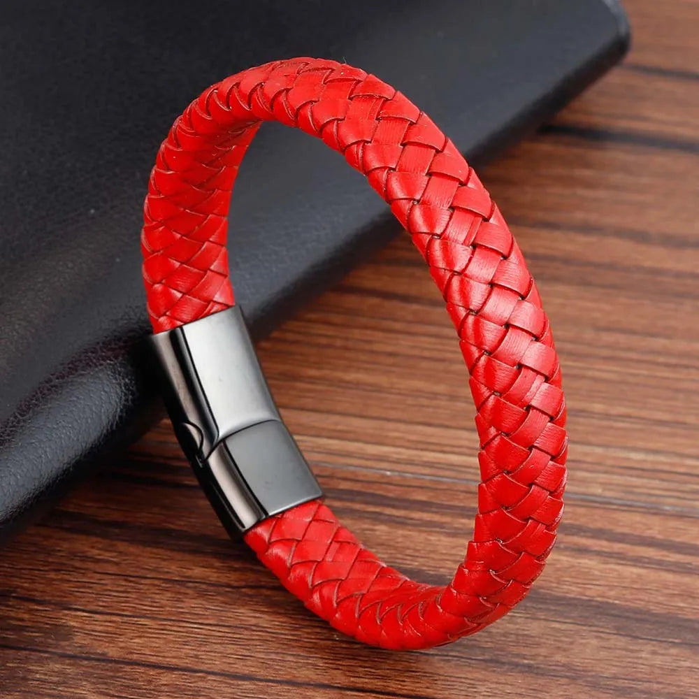 Trendy Men Jewelry Red Braided Leather Rope Bracelet Black Magnetic Buckle Bracelets Punk Men Wrist Band Pulsera Hombre