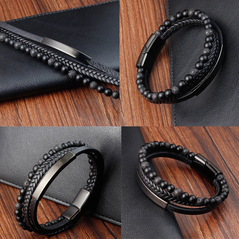 Charm Rope Stainless Steel Magnetic Natural Stone Leather Man Bracelet Beaded Braclet Volcanic Stone bracelet bangles Chain Gift