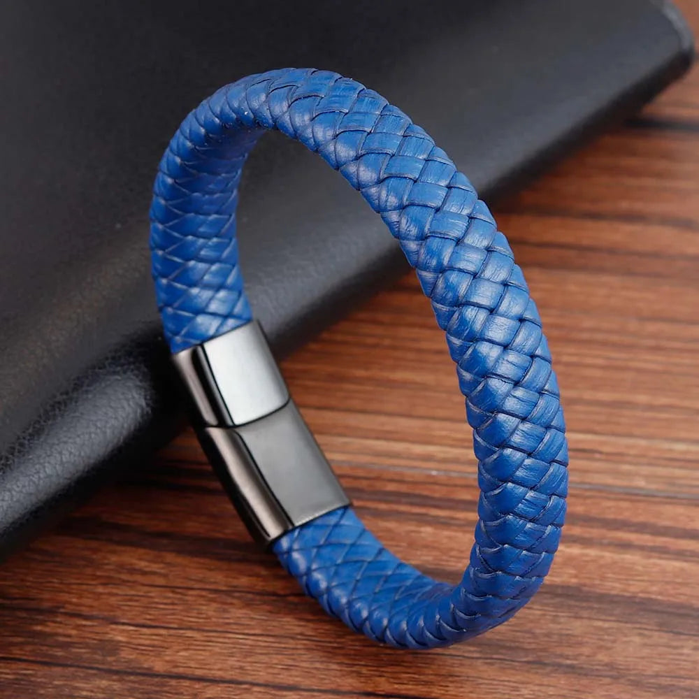 Trendy Men Jewelry Red Braided Leather Rope Bracelet Black Magnetic Buckle Bracelets Punk Men Wrist Band Pulsera Hombre
