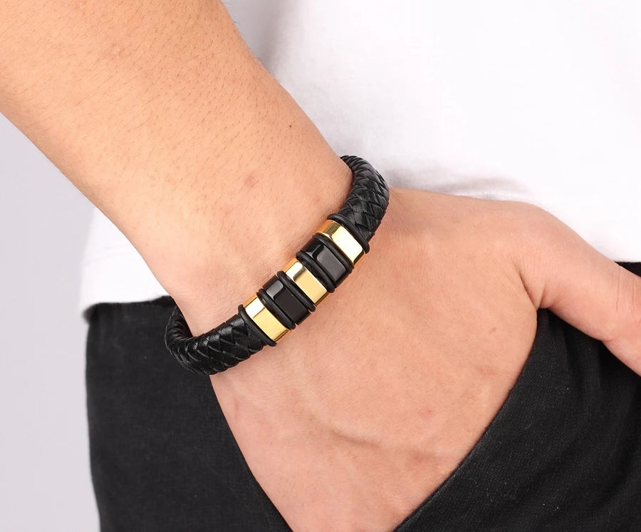 TYO Luxury Braided Rope Black Leather Stainless Steel Men's Bracelet High Quality Charm Magnetic Jewelry Accessories Wholesale