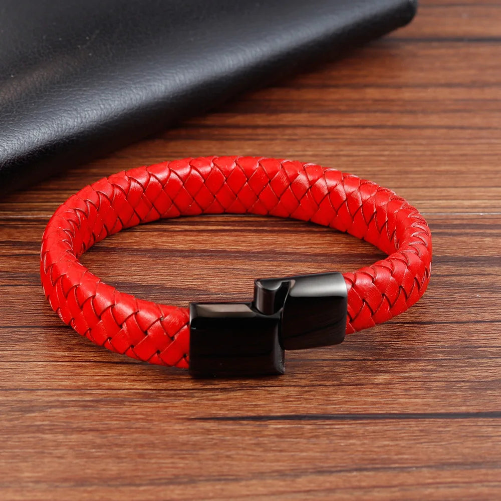 Trendy Men Jewelry Red Braided Leather Rope Bracelet Black Magnetic Buckle Bracelets Punk Men Wrist Band Pulsera Hombre
