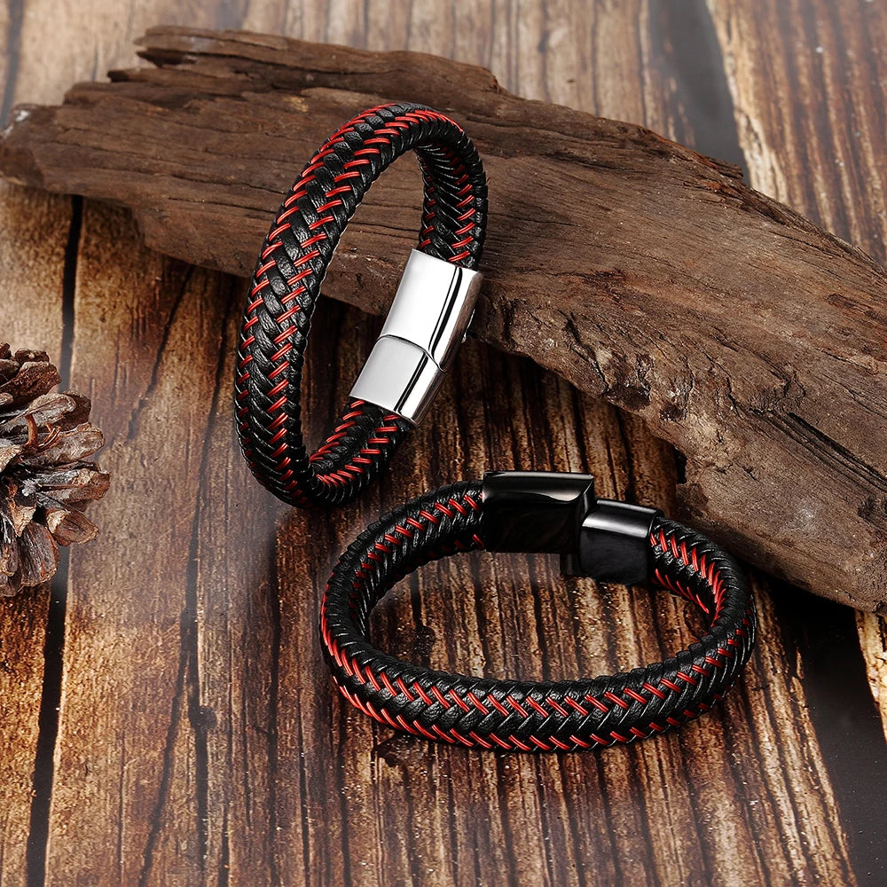 Trendy Men Jewelry Red Braided Leather Rope Bracelet Black Magnetic Buckle Bracelets Punk Men Wrist Band Pulsera Hombre