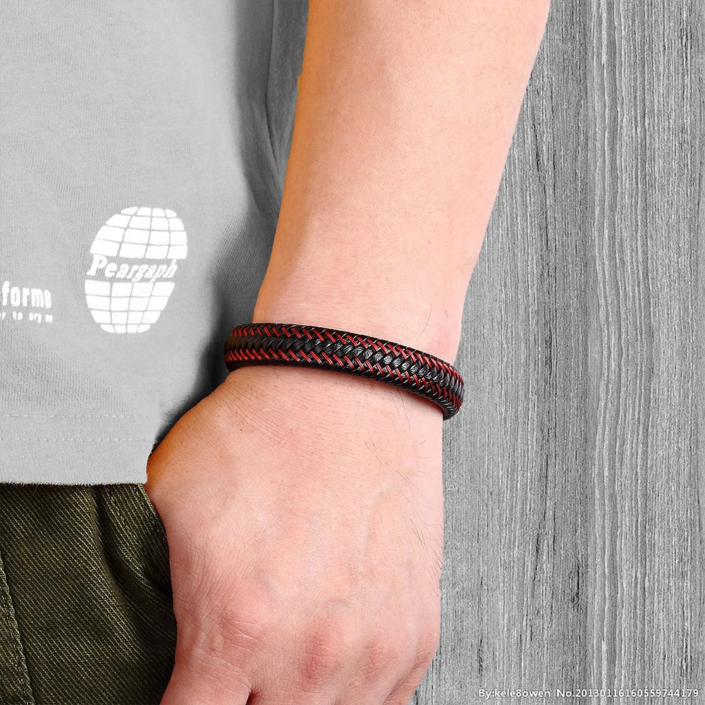 Trendy Men Jewelry Red Braided Leather Rope Bracelet Black Magnetic Buckle Bracelets Punk Men Wrist Band Pulsera Hombre