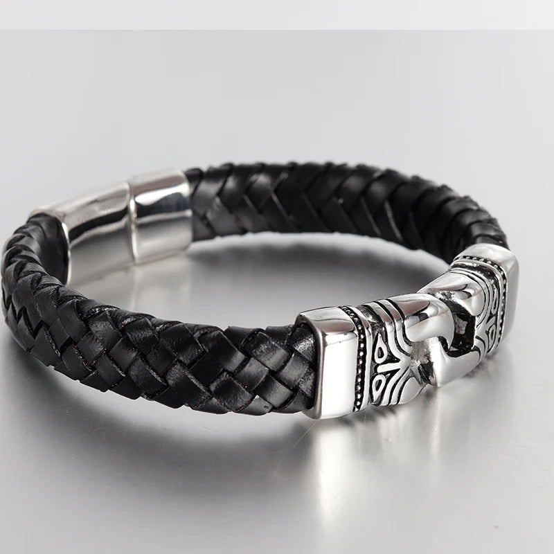 FASHION Men Bracelet Black Vintage Leather Bracelet Stainless Steel Magnetic Clasps Bracelets Male Hot Jewelry Ethnic Ethnic