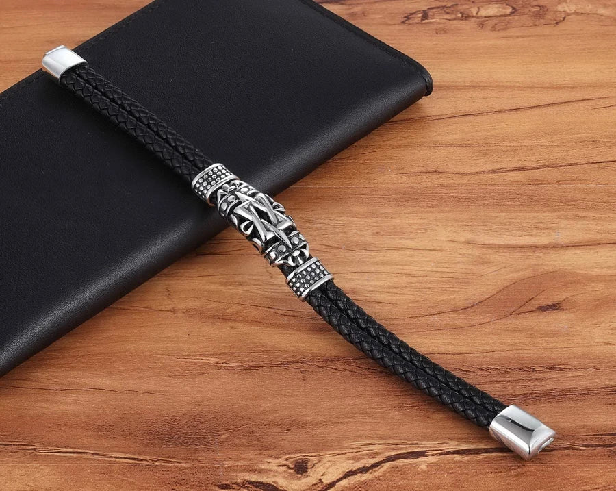 XQNI Punk Style Ancient Architecture Totem Elegant Small Adorn Article Genuine Leather Bracelet Double Layer Hand Jewelry Gift
