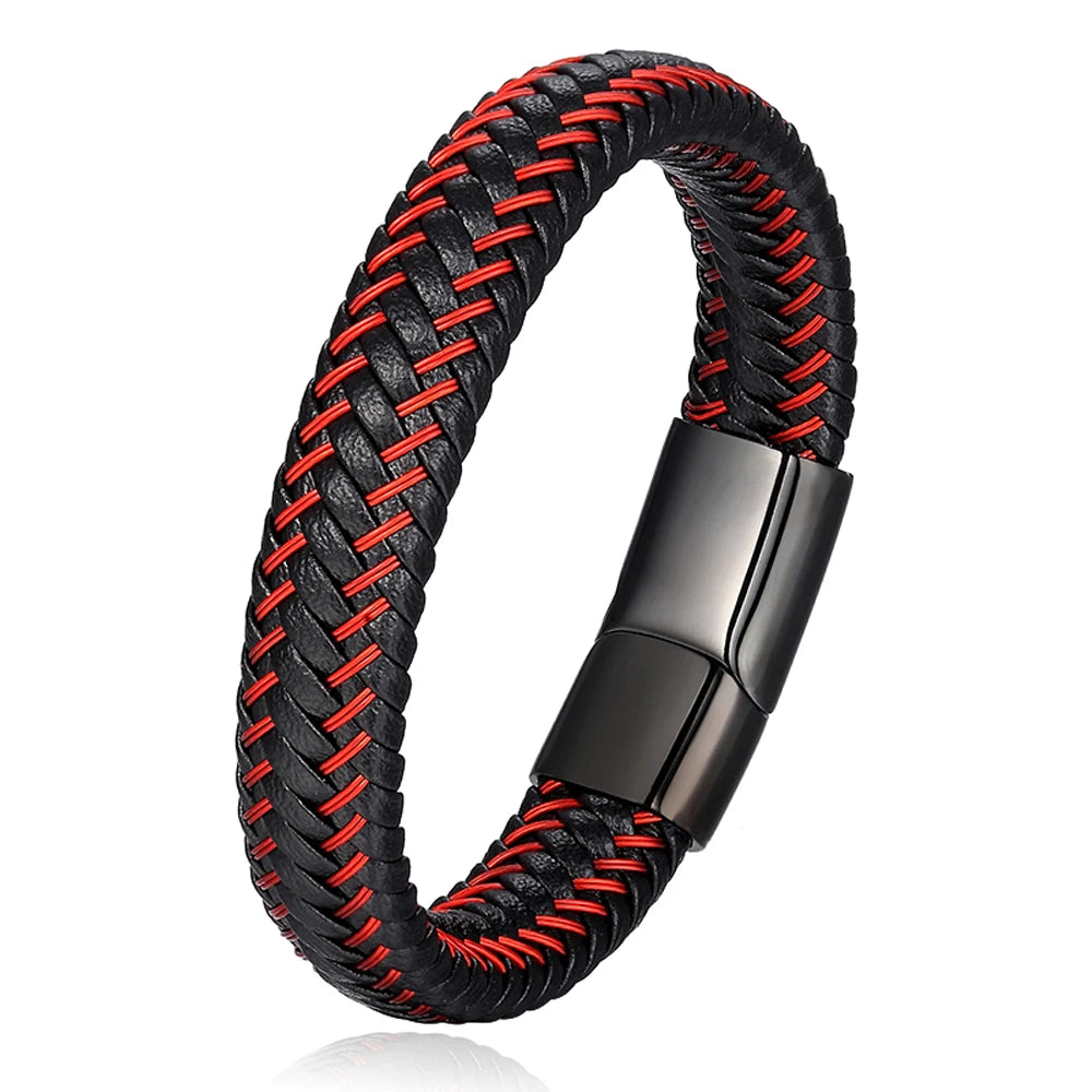 Trendy Men Jewelry Red Braided Leather Rope Bracelet Black Magnetic Buckle Bracelets Punk Men Wrist Band Pulsera Hombre