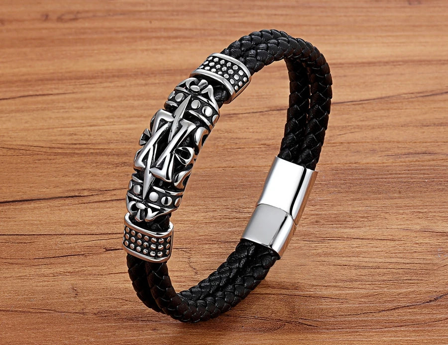 XQNI Punk Style Ancient Architecture Totem Elegant Small Adorn Article Genuine Leather Bracelet Double Layer Hand Jewelry Gift