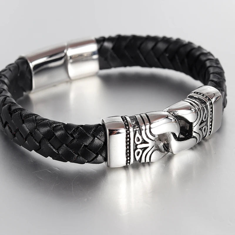 FASHION Men Bracelet Black Vintage Leather Bracelet Stainless Steel Magnetic Clasps Bracelets Male Hot Jewelry Ethnic Ethnic