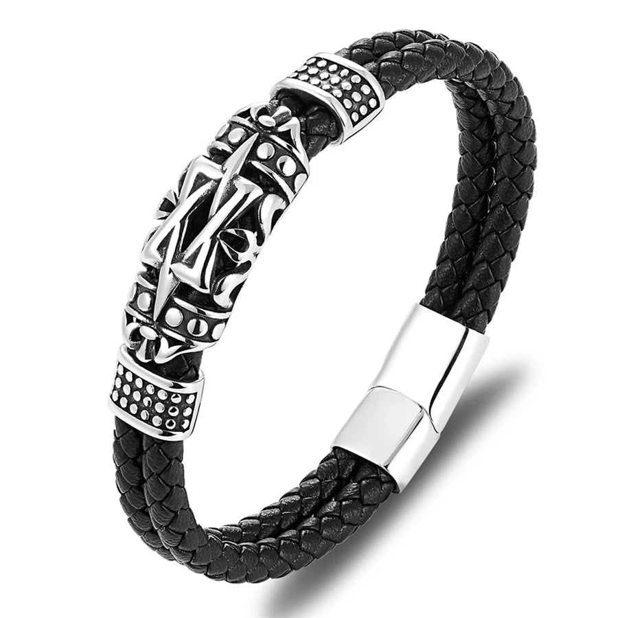 XQNI Punk Style Ancient Architecture Totem Elegant Small Adorn Article Genuine Leather Bracelet Double Layer Hand Jewelry Gift