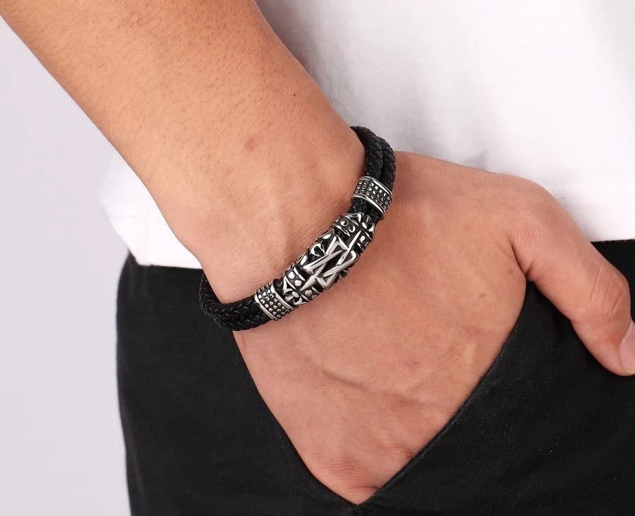 XQNI Punk Style Ancient Architecture Totem Elegant Small Adorn Article Genuine Leather Bracelet Double Layer Hand Jewelry Gift