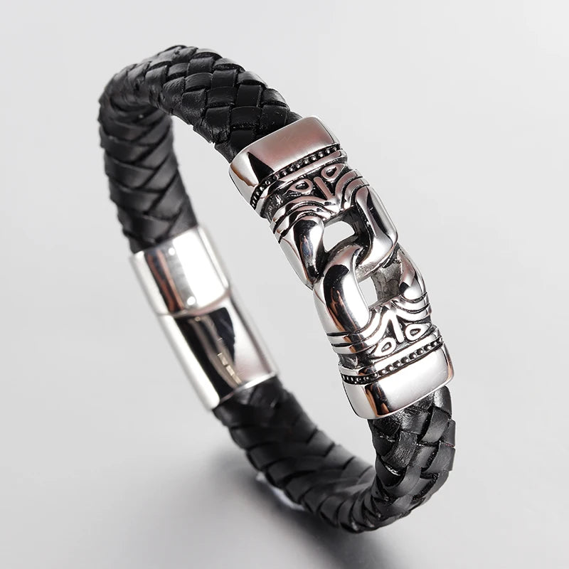 FASHION Men Bracelet Black Vintage Leather Bracelet Stainless Steel Magnetic Clasps Bracelets Male Hot Jewelry Ethnic Ethnic