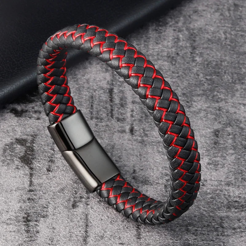 Trendy Men Jewelry Red Braided Leather Rope Bracelet Black Magnetic Buckle Bracelets Punk Men Wrist Band Pulsera Hombre