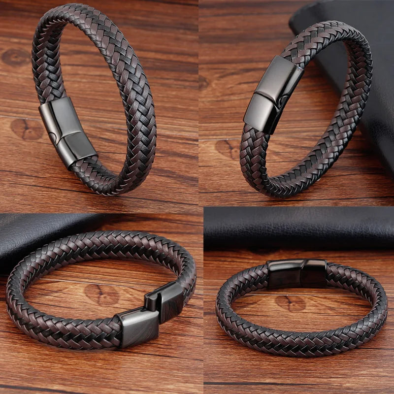 Trendy Men Jewelry Red Braided Leather Rope Bracelet Black Magnetic Buckle Bracelets Punk Men Wrist Band Pulsera Hombre