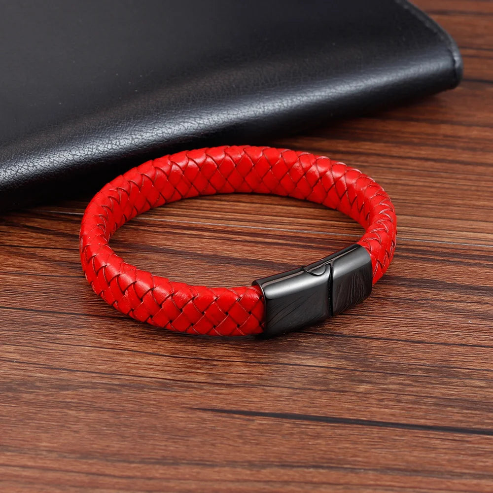 Trendy Men Jewelry Red Braided Leather Rope Bracelet Black Magnetic Buckle Bracelets Punk Men Wrist Band Pulsera Hombre