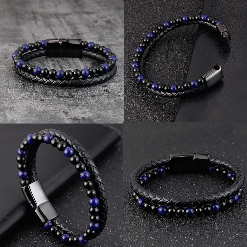 Charm Rope Stainless Steel Magnetic Natural Stone Leather Man Bracelet Beaded Braclet Volcanic Stone bracelet bangles Chain Gift