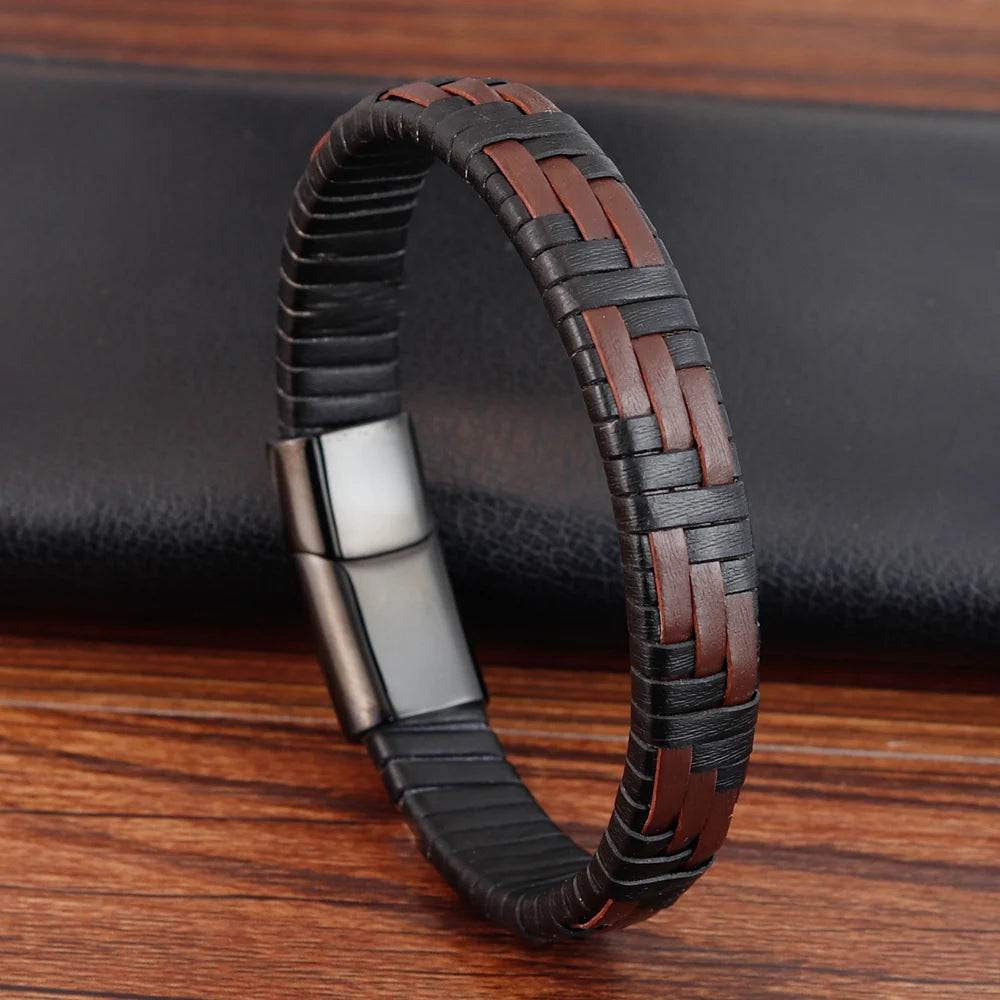 Trendy Men Jewelry Red Braided Leather Rope Bracelet Black Magnetic Buckle Bracelets Punk Men Wrist Band Pulsera Hombre