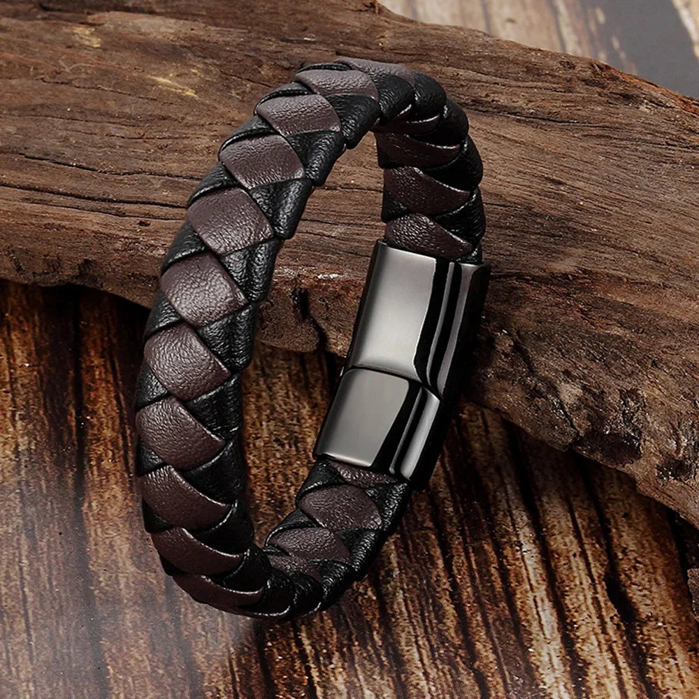 Trendy Men Jewelry Red Braided Leather Rope Bracelet Black Magnetic Buckle Bracelets Punk Men Wrist Band Pulsera Hombre
