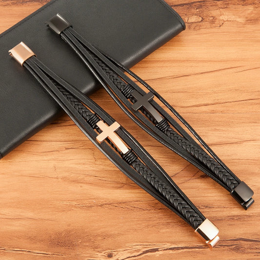 Men's Cross Chain Leather Bracelet Set