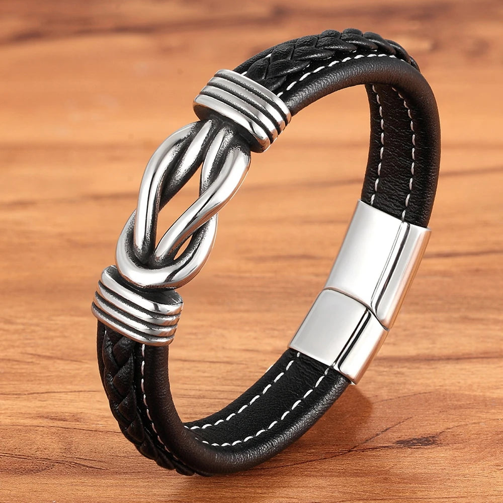 XQNI Classic Irregular Leather Bracelet for Men Stainless Steel Magnetic Clasp Charm Punk Style Male Bangle Jewelry Gifts