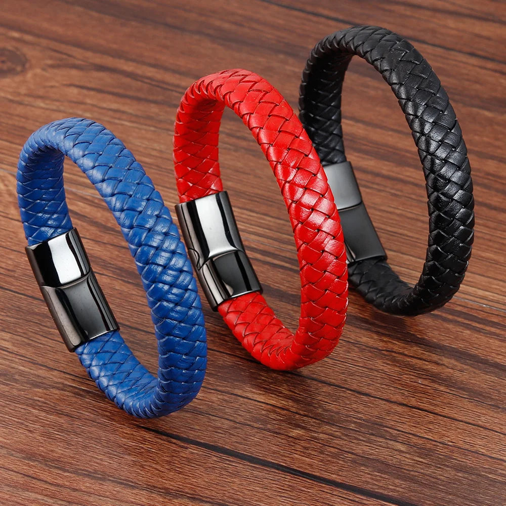 Trendy Men Jewelry Red Braided Leather Rope Bracelet Black Magnetic Buckle Bracelets Punk Men Wrist Band Pulsera Hombre