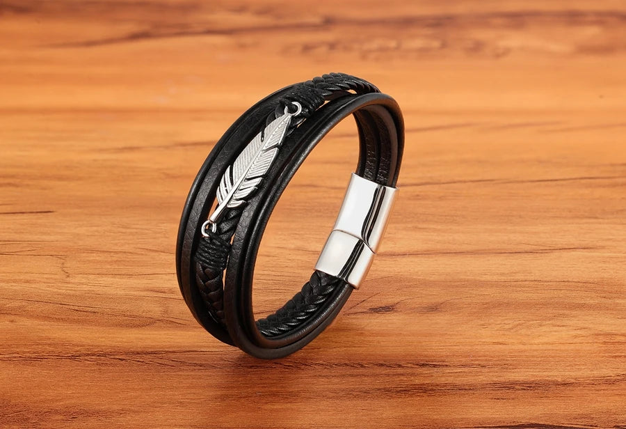XQNI Multi-layer Leather Feather Shape Accessories Men's Bracelet Stainless Steel Leather Bracelet For Special Birthday Present