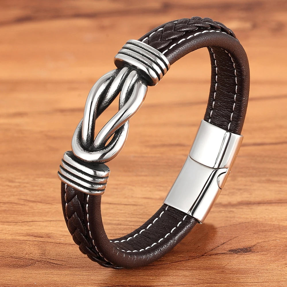 XQNI Classic Irregular Leather Bracelet for Men Stainless Steel Magnetic Clasp Charm Punk Style Male Bangle Jewelry Gifts