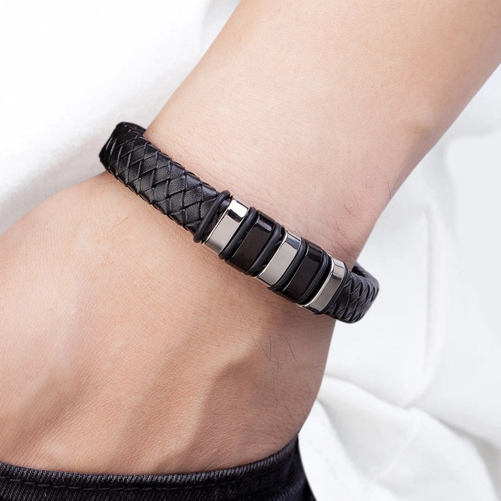 TYO Luxury Braided Rope Black Leather Stainless Steel Men's Bracelet High Quality Charm Magnetic Jewelry Accessories Wholesale