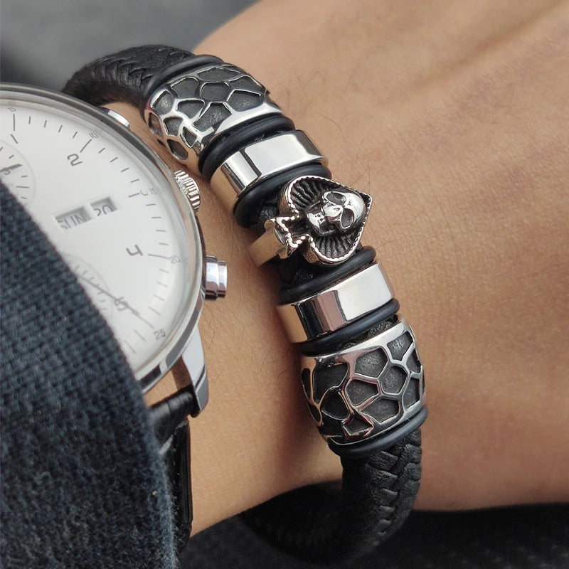MingAo 12*6mm Braided Leather 316l Stainless Steel Charm Male Bracelets Spades Skull Head Bangle Punk Wristband Men's Jewelry