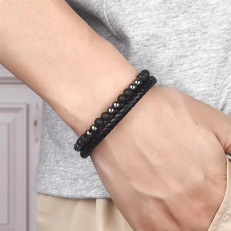 Jiayiqi New Design Punk Leather Bracelet Men Fashion Beaded Multi-Layer Leather Bracelet For Men New Year Jewelry Gift