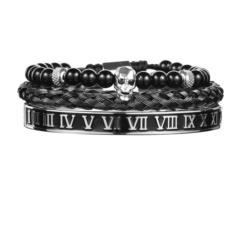 Luxury Set Crown Charm Gold Color Skull Bracelet Stainless Steel Men Black Enamel Roman Number Bangles Europe Couple Jewelry