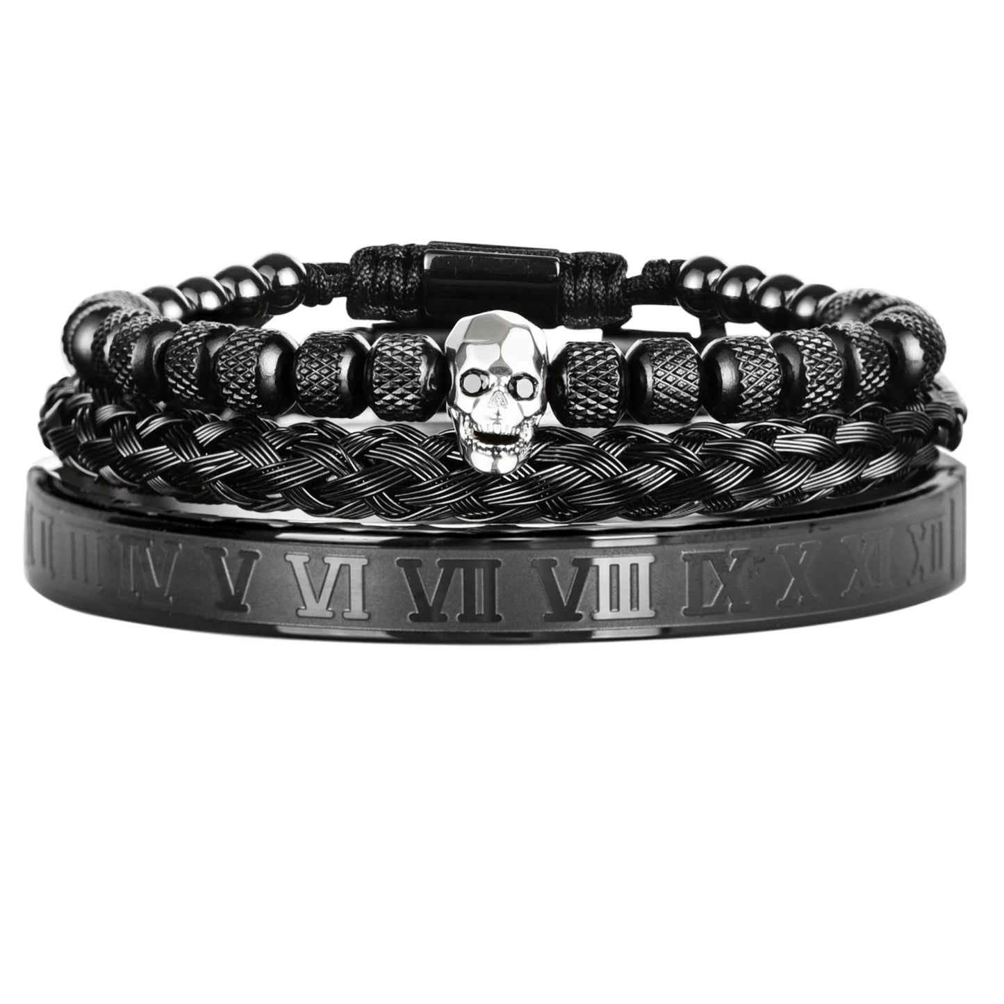 Luxury 3pcs/Set Skull Charm Black Bracelet Stainless Steel Men Enamel Roman Number Bangles Europe Fashion Couple Jewelry